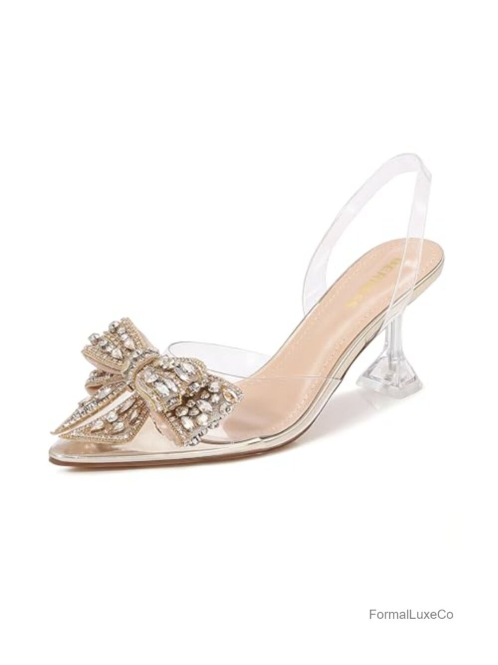 Crystal Bow Clear Slingback Kitten Heel Pumps Pointed Toe 3-Inch Heel Comfort